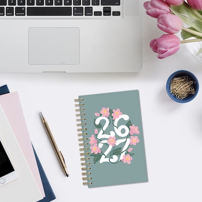 2026-2027 Blue Sky Vineyard 3" x 6" Academic Year Weekly & Monthly Planner, Plastic Cover, Green/Pink (157561)