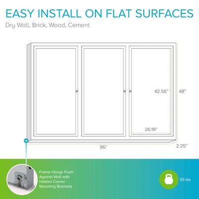 Ghent 3 Door Enclosed Natural Cork Bulletin Board, Satin Aluminum Frame, 4'H x 8'W, (GHEPA34896K)