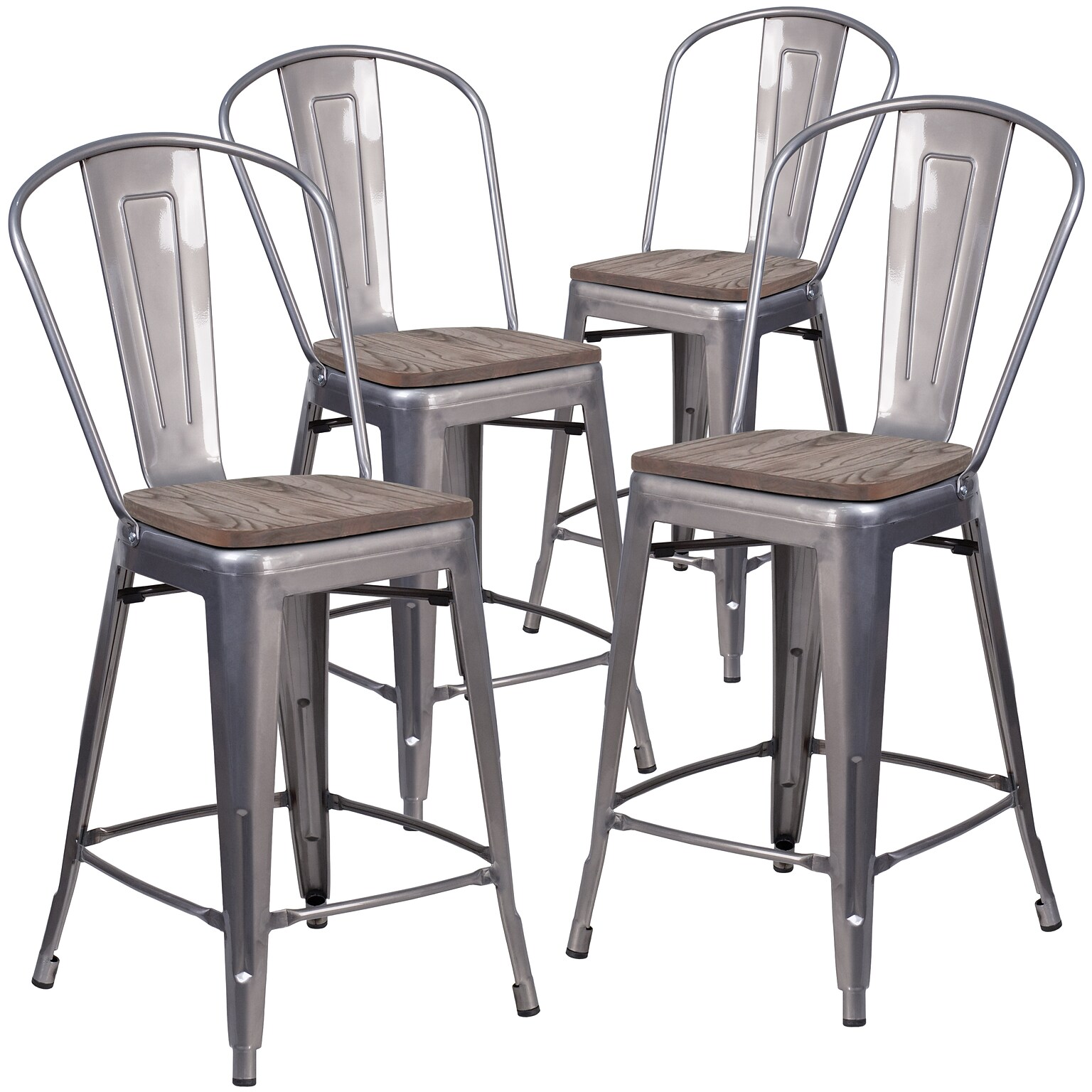 Flash Furniture Lincoln Contemporary Metal Vertical Back Counter Height Stool, Clear Coat, 4-Pieces/Pack (4XUDGTP001B24W)