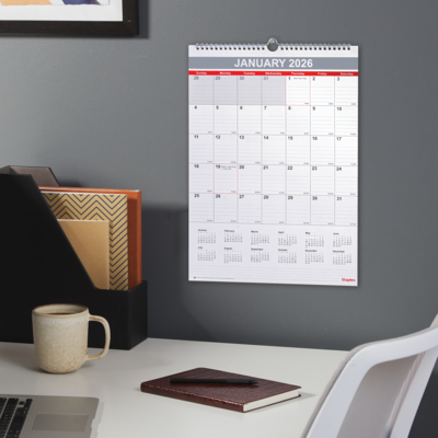 2026 Staples 12" x 17" Monthly Wall Calendar, White/Red/Gay (ST53913-26)