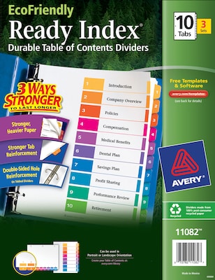 Avery Ready Index Table of Contents EcoFriendly Paper Dividers, 1-10 Tabs, Multicolor, 3 Sets/Pack (