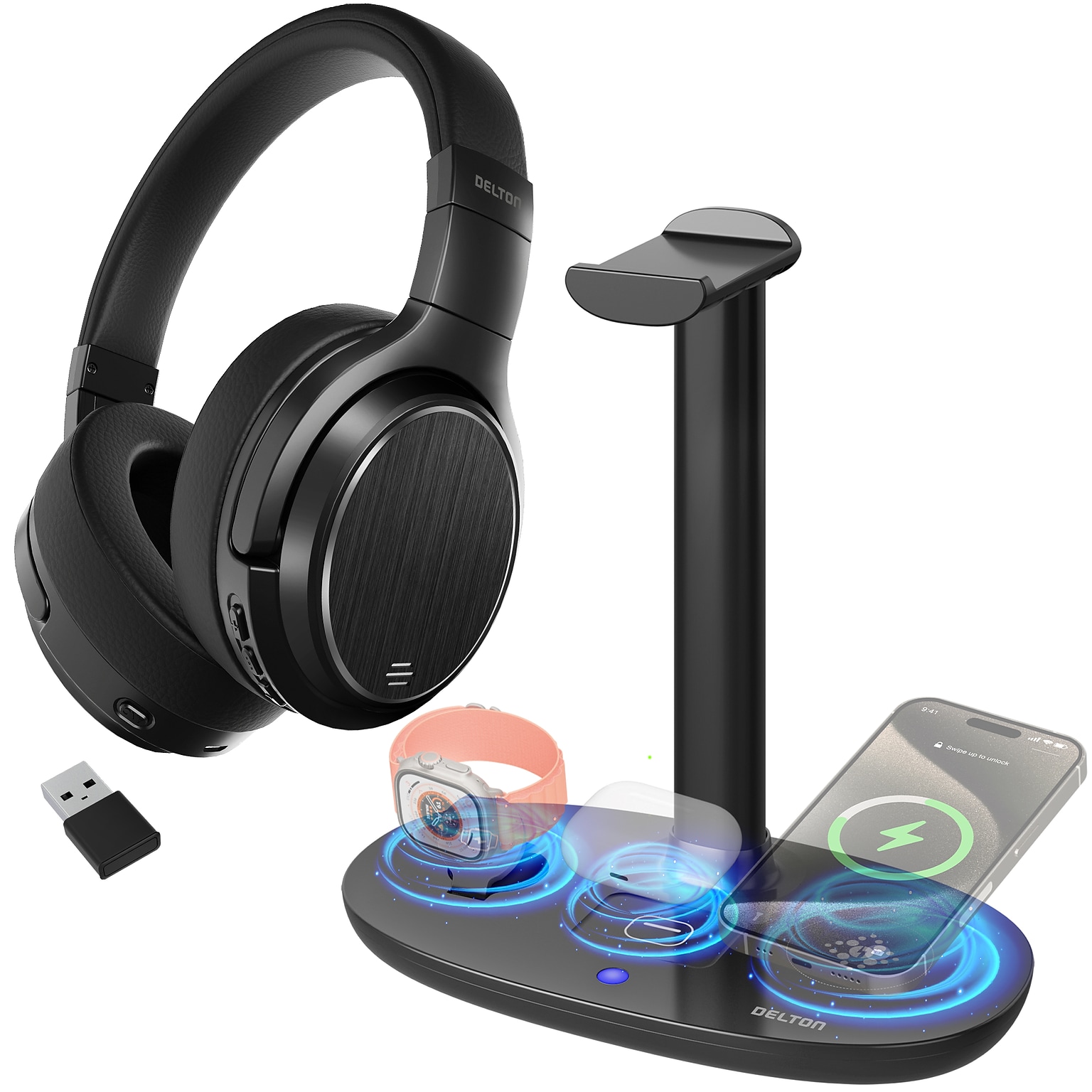 Delton M101 Wireless Noise Canceling Bluetooth Stereo Computer Headset and Stand, Black (DHSWC1101XD)