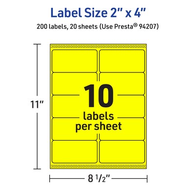 Avery Laser/Inkjet Multipurpose Rectangle Labels, 2" x 4", Neon Yellow, 200 Labels/Pack (94207)
