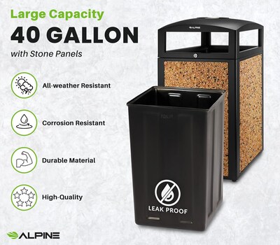 Alpine Industries Steel Outdoor Trash Can with Ashtray Dome Lid, 40 Gallon, Stone (472-40-STO)