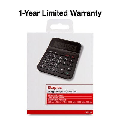 Staples 8-Digit Battery & Solar Basic Calculator, Black (ST230-CC)