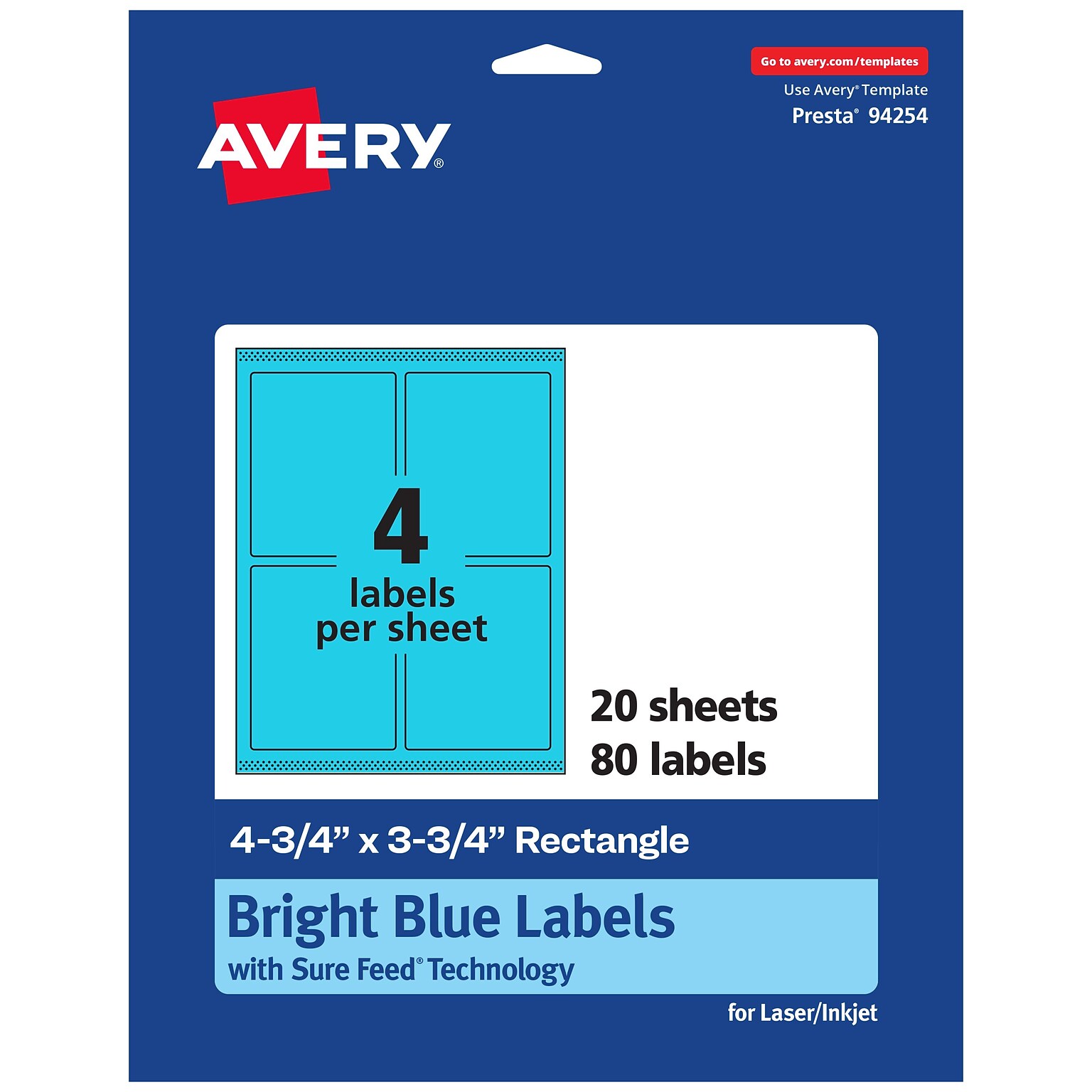 Avery Rectangle Multipurpose Labels, 4.75 x 3.75, Bright Blue, 80/Pack (94254)