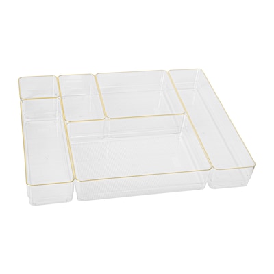 Martha Stewart Kerry Plastic Stackable Office Desk Drawer Organizer, Clear/Gold, 6/Set (BEPB3685G6CG