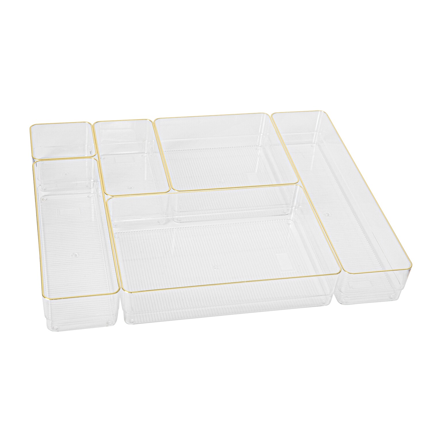 Martha Stewart Kerry Plastic Stackable Office Desk Drawer Organizer, Clear/Gold, 6/Set (BEPB3685G6CGD)