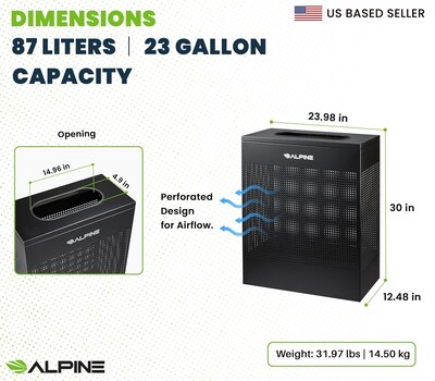 Alpine Industries Stainless Steel Trash Can, 23 Gallon, Black (ALP438-23-BLK-MK)