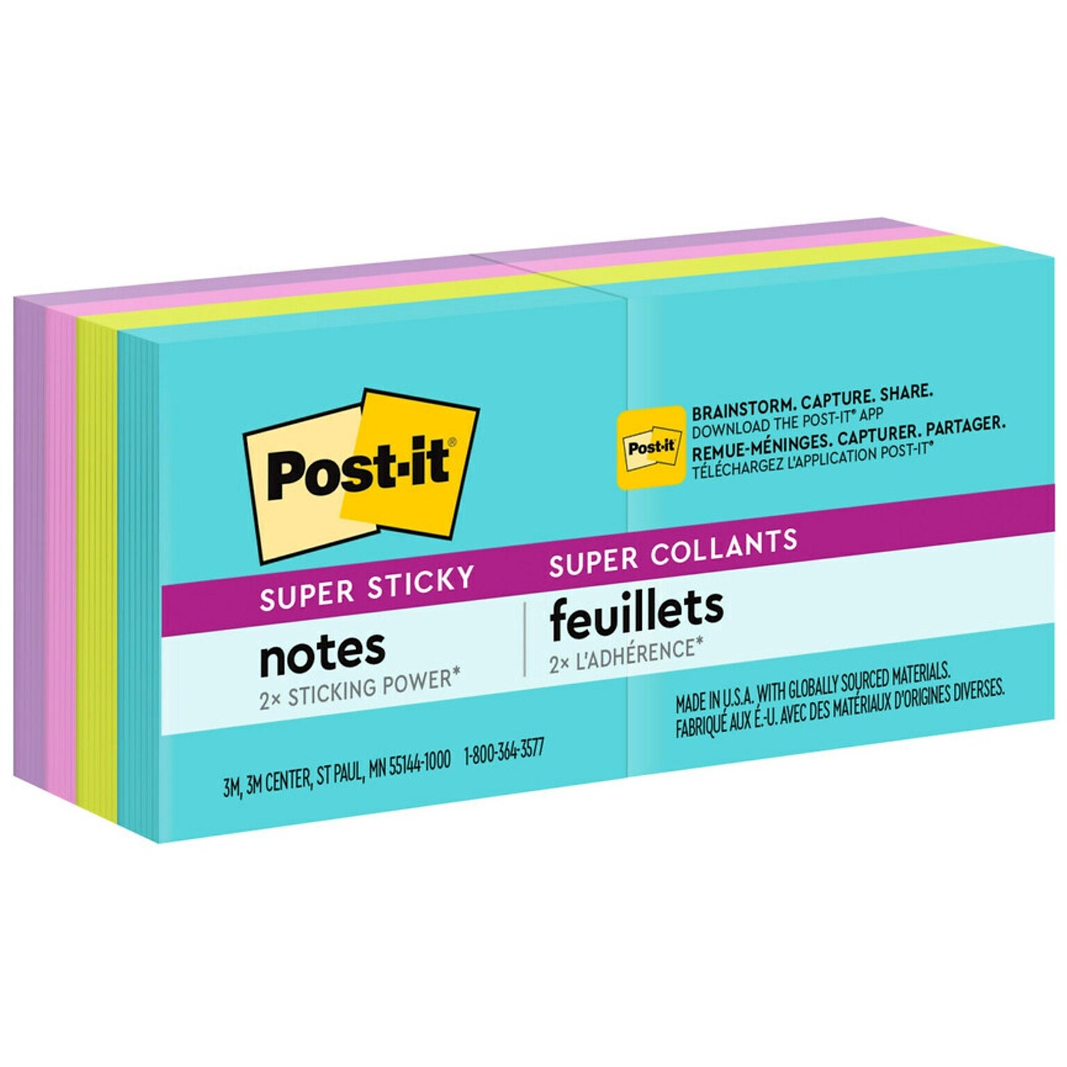 Post-it Super Sticky Notes, 1-7/8 x 1-7/8, Supernova Neons Collection, 90 Sheets/Pad, 8 Pads/Pack (622-8SSMIA)