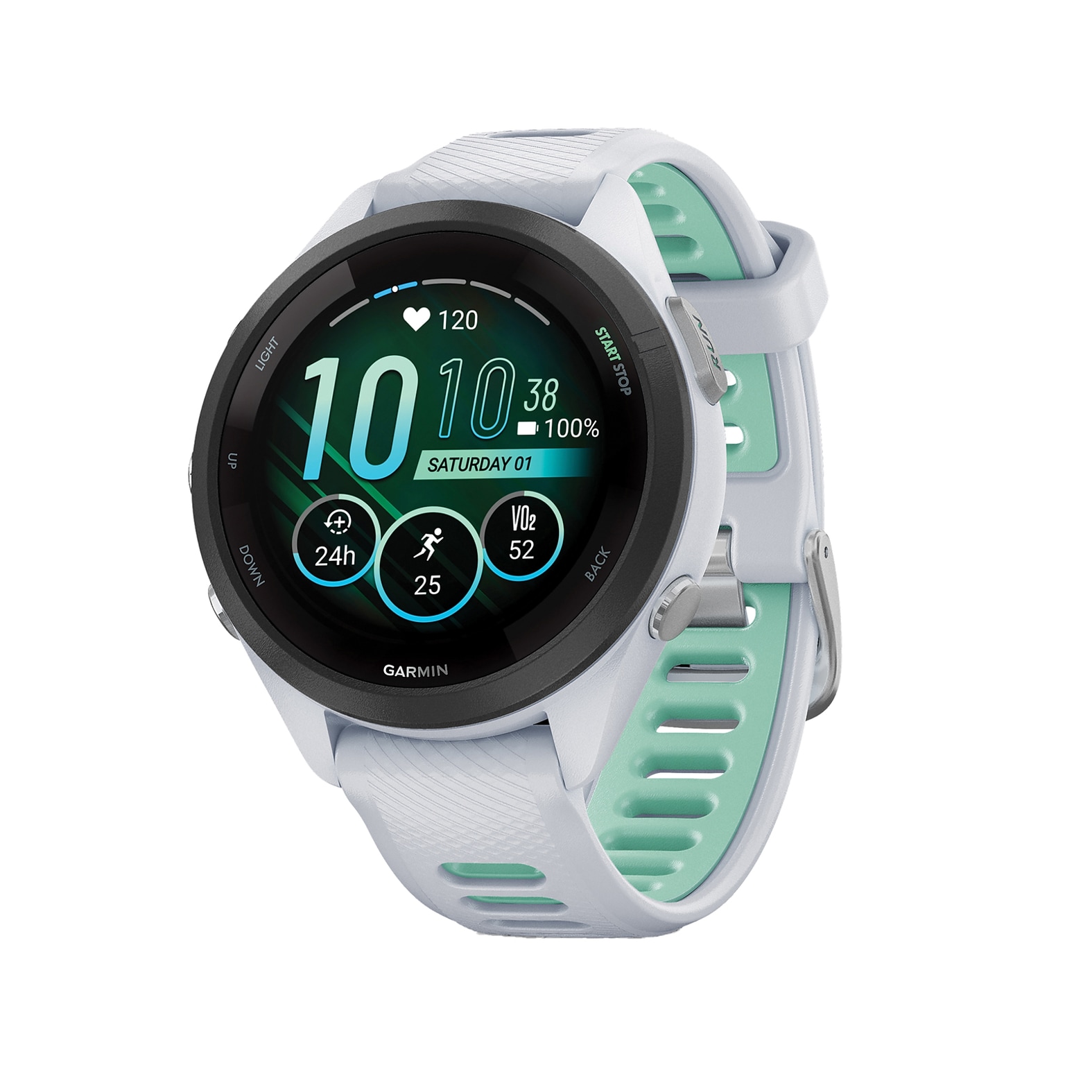 Garmin Forerunner 265S Smartwatch, GPS, 42mm, White Case w/Black Bezel, Whitestone/Neo Tropic Silicone Band (010-02810-04)