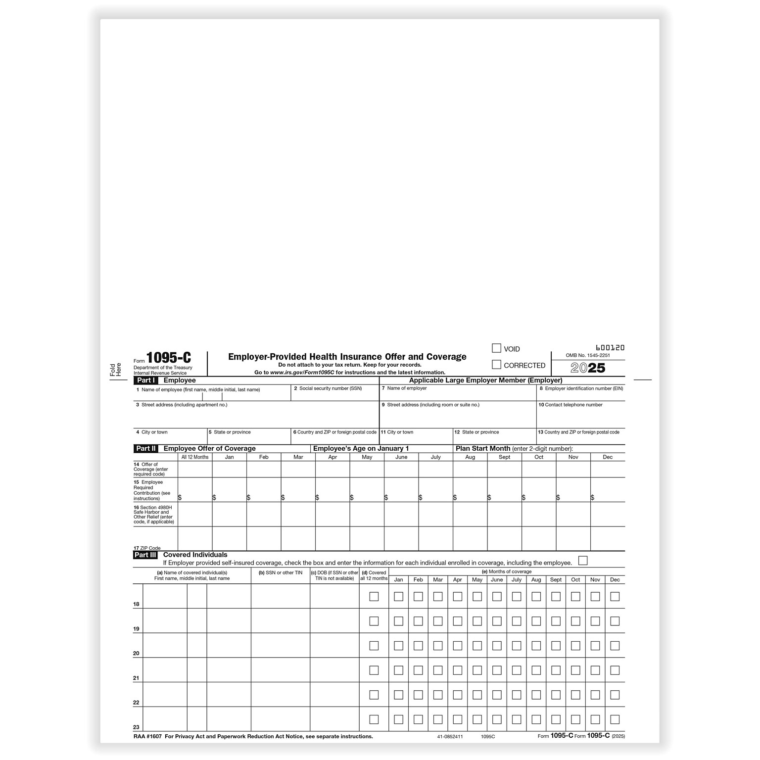 ComplyRight 2025 1095-C Tax Form, 1-Part, 500/Pack (1095C500)