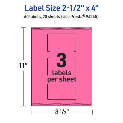 Avery Rectangle Laser/Inkjet Multipurpose Labels, 2.5" x 4", Bright Pink (60/Pack)