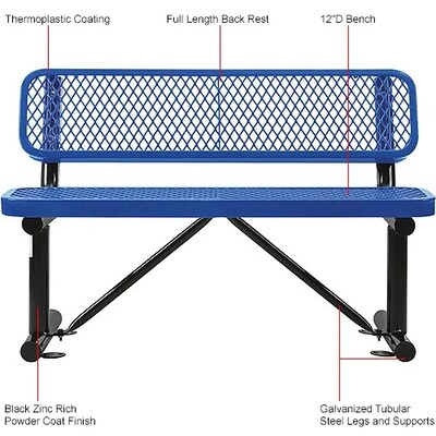 Global Industrial 4' Outdoor Steel Bench w/ Backrest, Expanded Metal, Blue (695743BL)