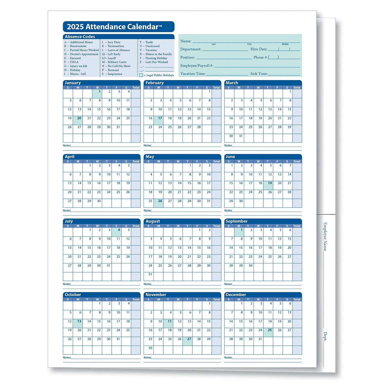 ComplyRight 2025 Attendance Calendar File Folder, 25 Forms/Pack (A3050)