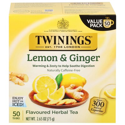 Twinings Caffeine Free Lemon & Ginger Herbal Tea Bags, 50/Box (TNA53653)