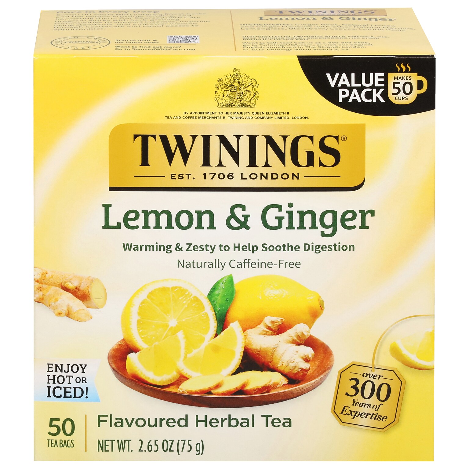 Twinings Caffeine Free Lemon & Ginger Herbal Tea Bags, 50/Box (TNA53653)