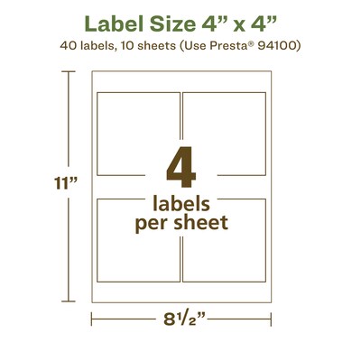 Avery EcoFriendly Laser/Inkjet Square Multipurpose Labels, 4" x 4", White, 40/Pack (94100)