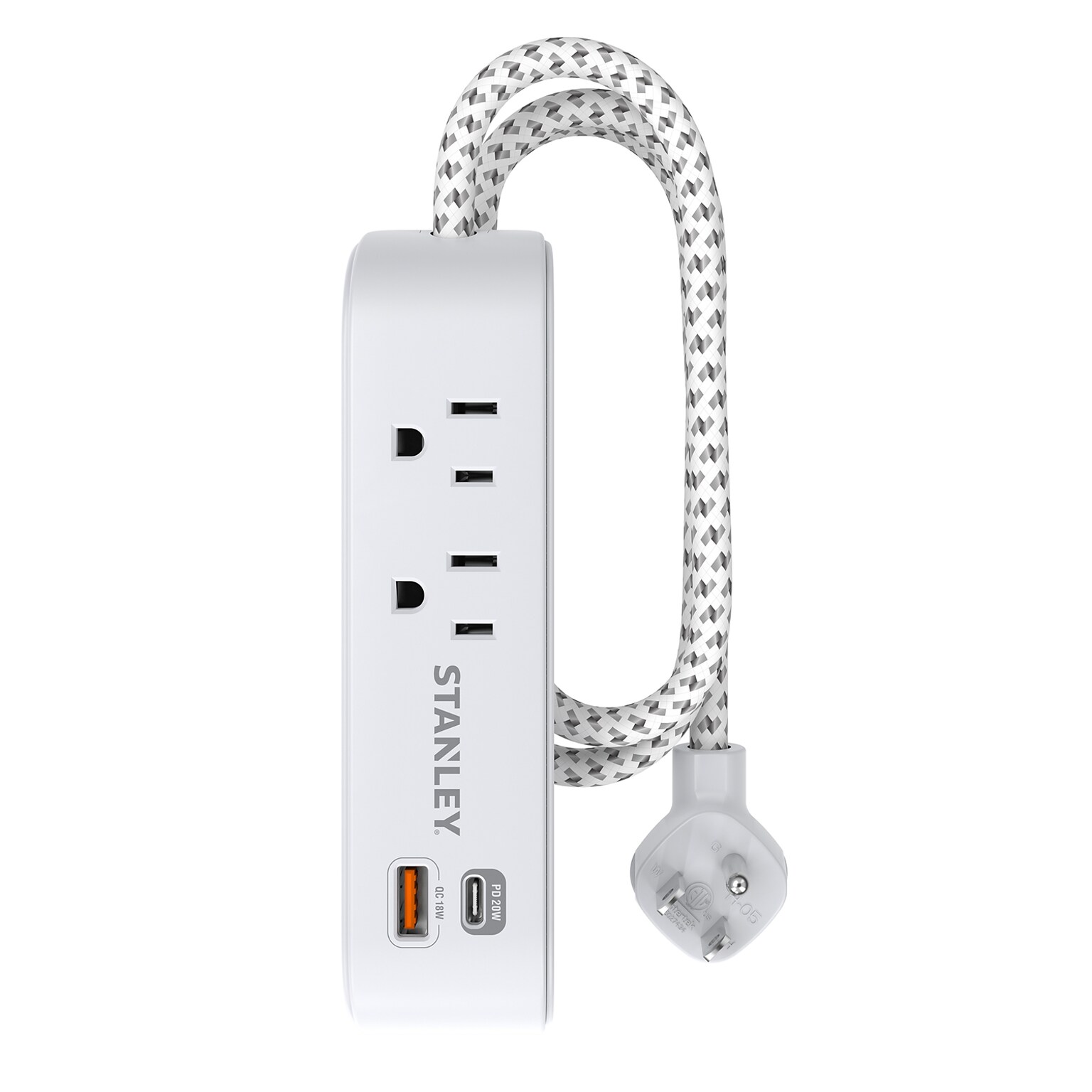 STANLEY SurgeMax 2-Outlet Surge Protector Power Strip with 2-USB Ports & Braided Fabric Cord, 6-ft., 300 Joules, White (33254)
