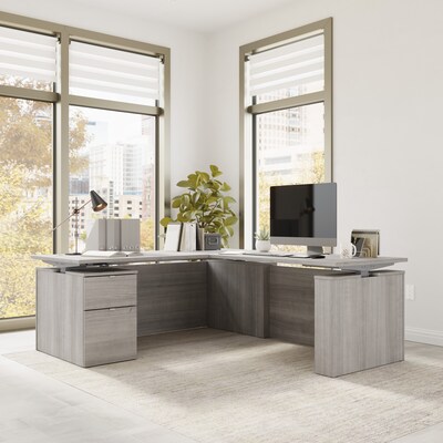 Bush Business Furniture Stratus 72W Electric L-Shaped Adjustable Standing Desk with Cabinet, Platinum Gray (SUT016PG)