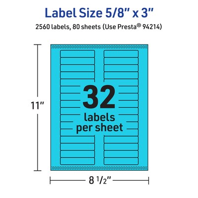 Avery Printable Rectangle Multipurpose Labels, 5/8" x 3", Bright Blue, 2560/Box (94214)