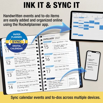 2027 Rocketbook Rocketplanner 6" x 8" Calendar Year Weekly & Monthly Planner, Plastic Cover (RKPL-CY27-5-BK)