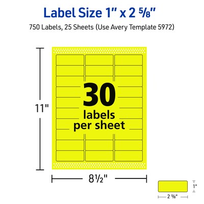 Avery Sure Feed Laser Address Labels, 1" x 2 5/8", Neon Yellow, 750 Labels/Pack (5972)