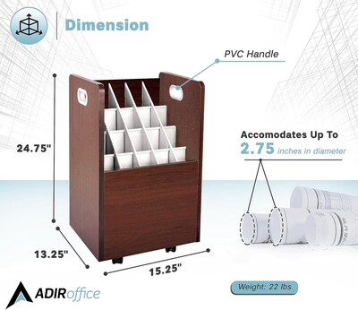 AdirOffice 20-Slot Mobile Roll File, Lockable, 24.75H x 15.25W x 13.25D, Mahogany (624-MA-KIT1)