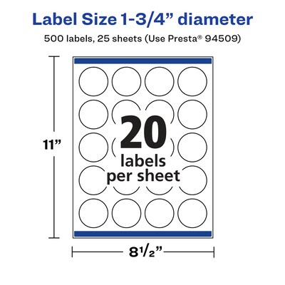 Avery Laser/Inkjet Round Multipurpose Labels, White, 20 Labels/Sheet, 25 Sheets/Pack (94509-WGP25)