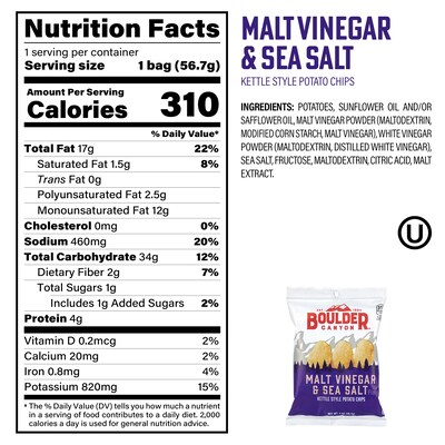 Boulder Canyon Malt Vinegar & Sea Salt Potato Chips, 2 oz., 8/Box (220-02560)