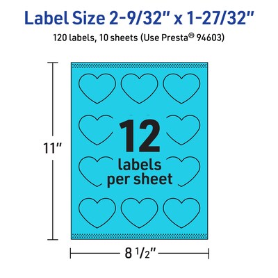 Avery Printable Heart Shaped Multipurpose Labels, 2-9/32" x 1-27/32", Bright Blue, 120/Pack (94603)