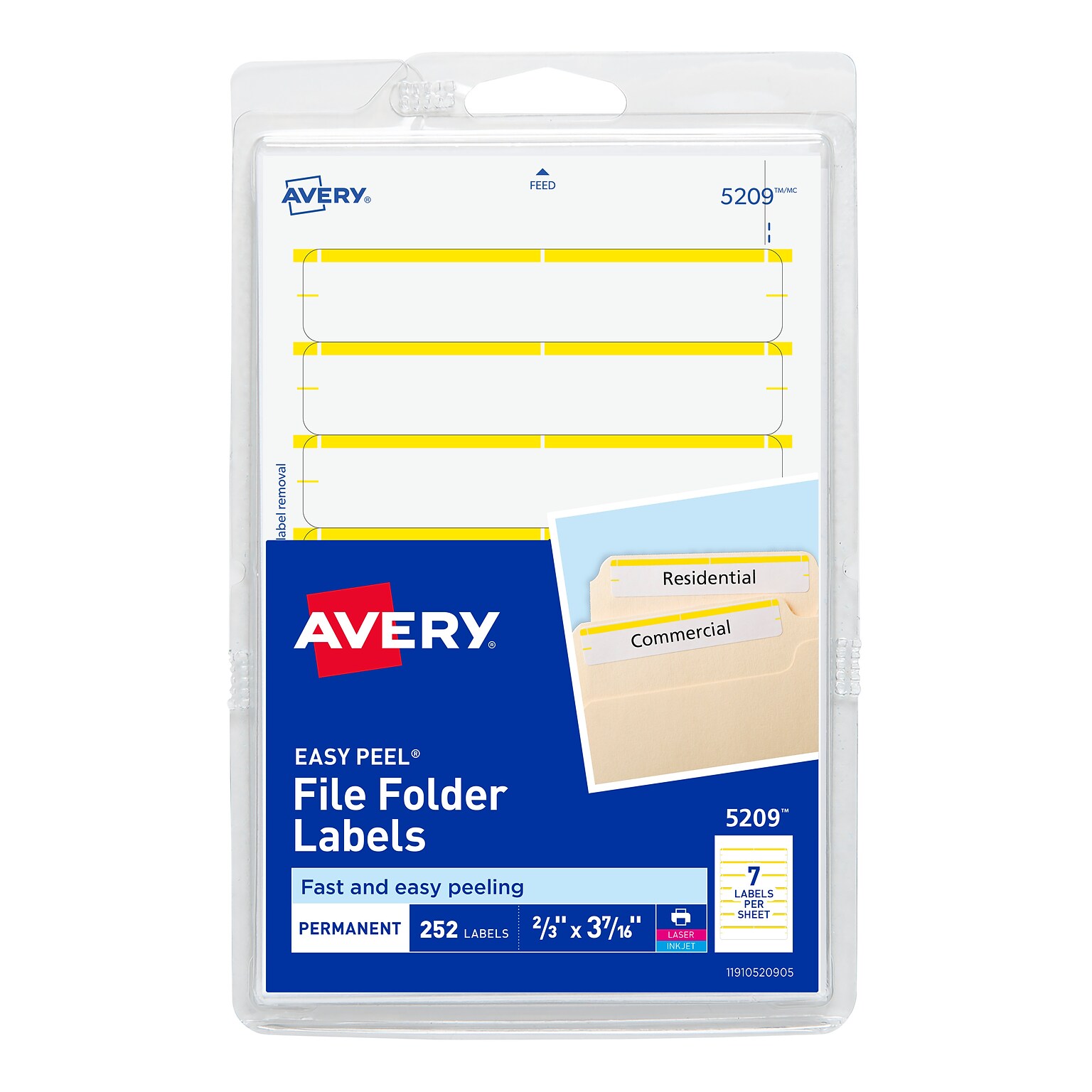 Avery Easy Peel Laser/Inkjet File Folder Labels, 4 x 6 Sheets, 2/3 x 3-7/16, White/Yellow, 252 Labels/Pack (5209)