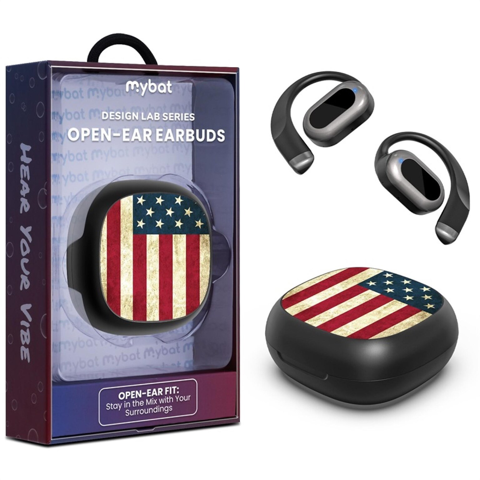 MyBat Design Lab Open Ear Bluetooth Earbuds, Black American Flag Print (BTR003001))