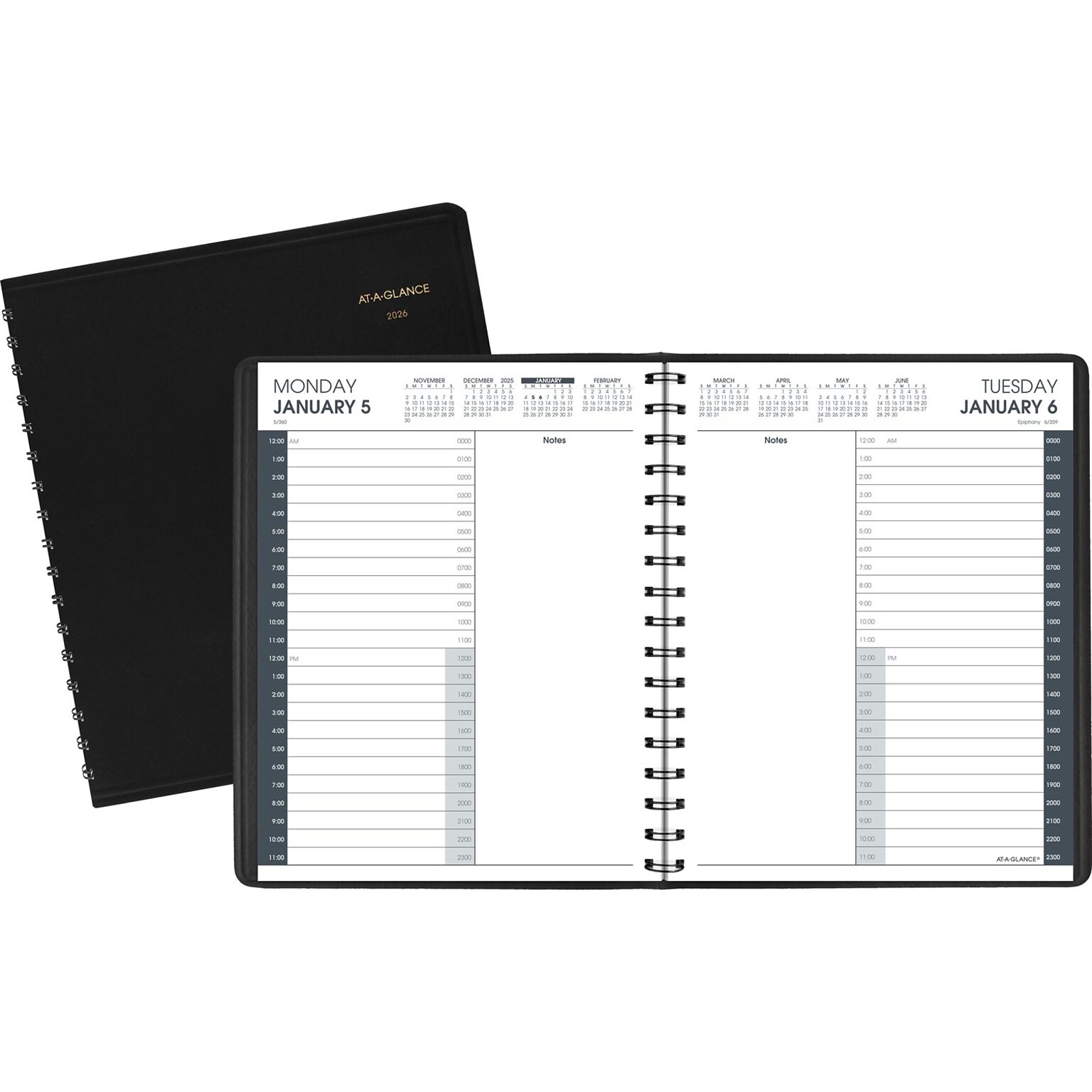 2026 AT-A-GLANCE 24-Hour 7 x 8.75 Daily Appointment Book Planner, Faux Leather Cover, Black (70-824-05-26)
