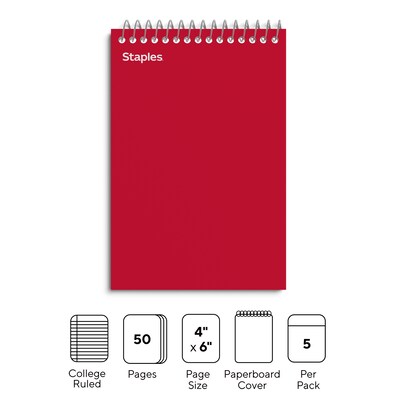 Staples Memo Pad, 4" x 6", College Ruled, Assorted Colors, 50 Sheets/Pad, 5 Pads/Pack (ST11494N)