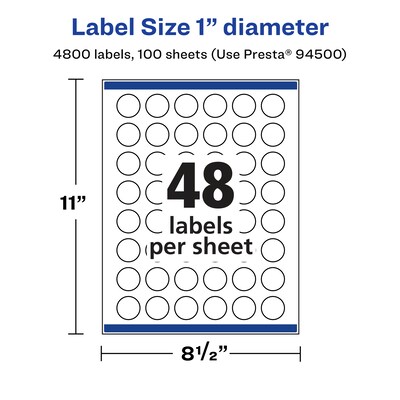 Avery Laser/Inkjet Circle Multipurpose Labels, 1" Dia., Clear, 4800/Box (94500)
