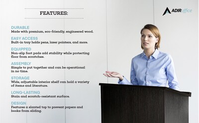 AdirOffice 46H Floor Standing Lectern with Adjustable Shelf, Black (661-01-BLK)