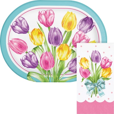 Say Hooray! Trendy Tulips Spring Oval Paper Plates and Dinner Napkins Set, 48/Pack (DTC9628E2H)