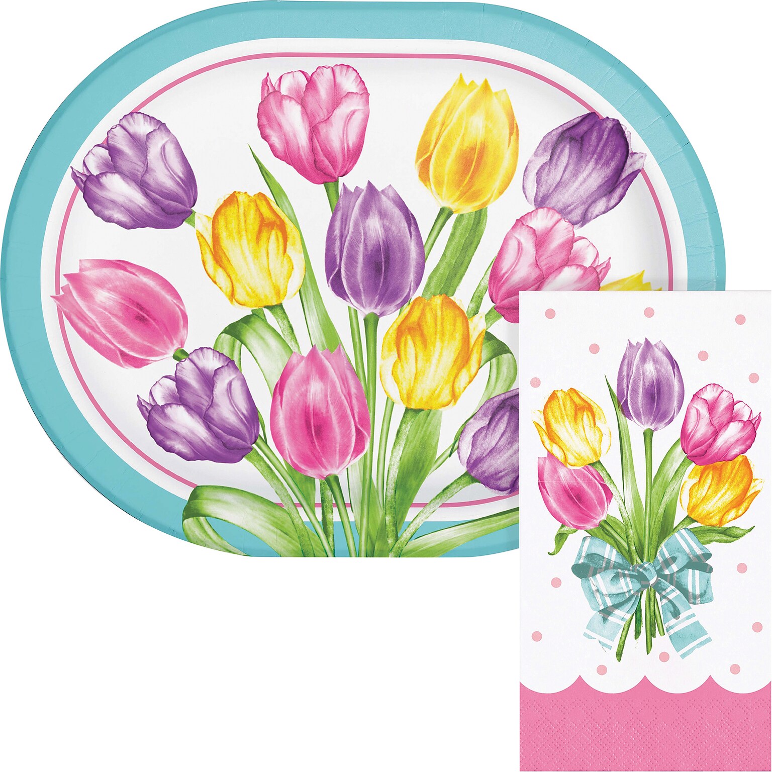 Say Hooray! Trendy Tulips Spring Oval Paper Plates and Dinner Napkins Set, 48/Pack (DTC9628E2H)