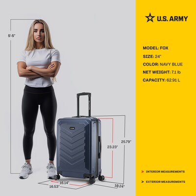 US Army FOX 24" Hardside Suitcase, 4-Wheeled Spinner, TSA Checkpoint Friendly, Navy Blue (USLFOX00M-BLU)
