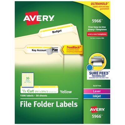 Avery TrueBlock Laser/Inkjet File Folder Labels, 2/3 x 3 7/16, Yellow, 1500 Labels Per Pack (5966)