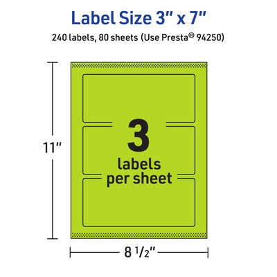 Avery Laser/Inkjet Multipurpose Rectangle Labels, 3" x 7", Bright Green, 240/Box (94250)