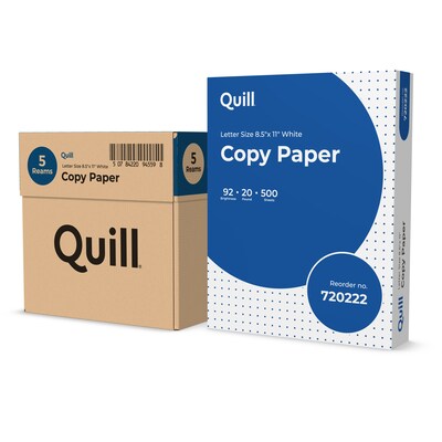 Quill Brand® 8.5" x 11" Copy Paper, 20 lbs., 92 Brightness, 500 Sheets/Ream, 5 Reams/CT (7202250CT)