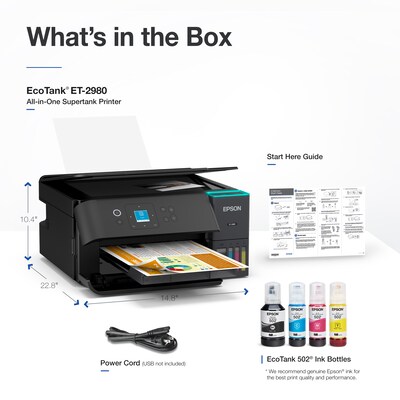 Epson EcoTank ET-2980 Wireless All-in-One Color Supertank Printer, Black (C11CL41201)