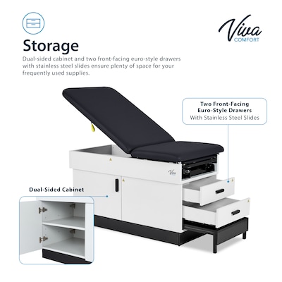 Viva Comfort Slimline Exam Table Base with Leg Rest, Step Stool, Drawers, Stirrups, 420 lb Capacity, Black (ADI996-FBSU-M2-BLK)
