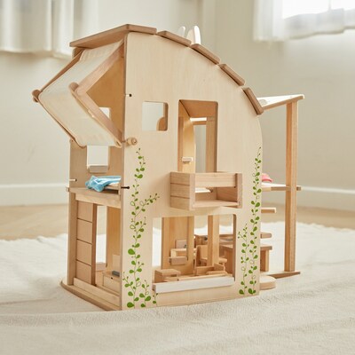 PlanToys Wooden Dollhouse with Furniture, 21.9" x 17.9" x 22.3", Green (PTS7156)