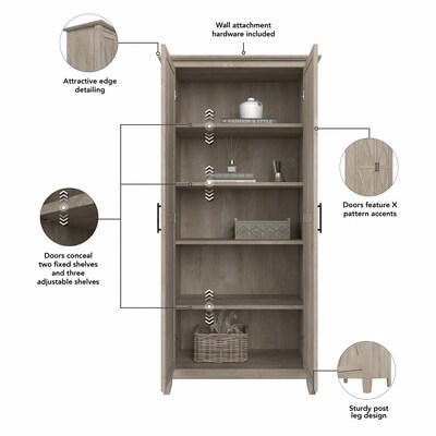 Bush Furniture Key West 66" Tall Storage Cabinet with Doors and 5 Shelves, Washed Gray (KWS266WG-03)