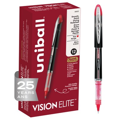 uniball Vision Elite Rollerball Pens, Micro Point, 0.5mm, Red Ink, Dozen (69022)