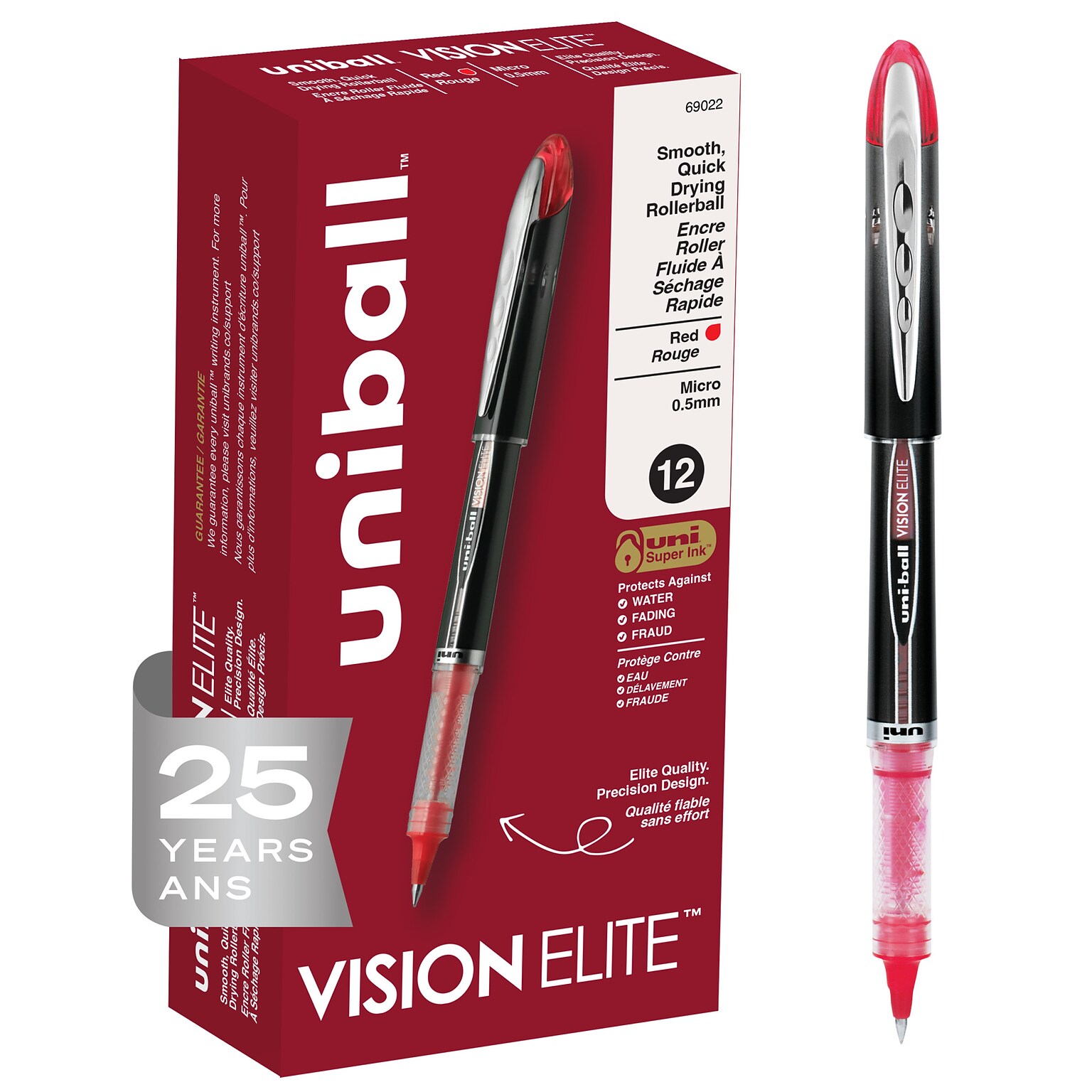 uniball Vision Elite Rollerball Pens, Micro Point, 0.5mm, Red Ink, Dozen (69022)