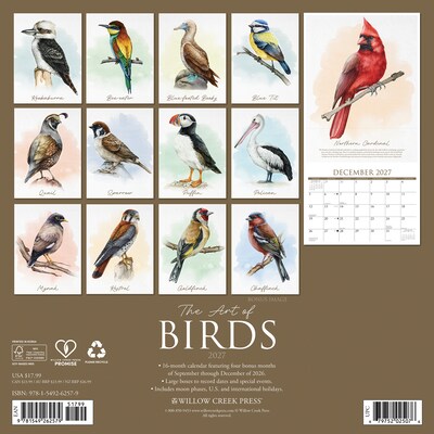 2027 Willow Creek The Art of Birds 12 x 12 Monthly Wall Calendar, Assorted Colors (62579)